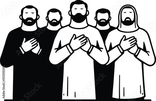 Spiritual Unity Silhouette Illustration Featuring Five Individuals Standing Side by Side, Each With Hands Placed Over the Chest in a Reverent Gesture—Symbolizing Peace, Devotion, and Communal Harmony 