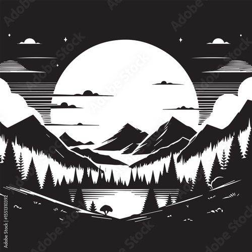 black and white daytime landscape background, editable vector image