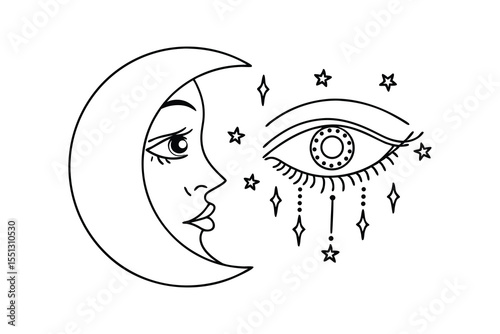 Crescent Moon Face and Mystical Eye Line Art Black and White