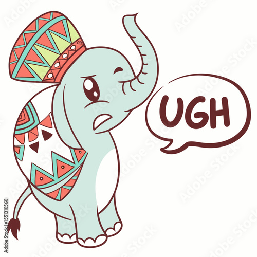 Expressive cartoon elephant with ornate decorations displaying negative emotion