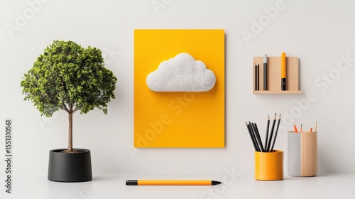 Stylish workspace with plants and bright colors.
