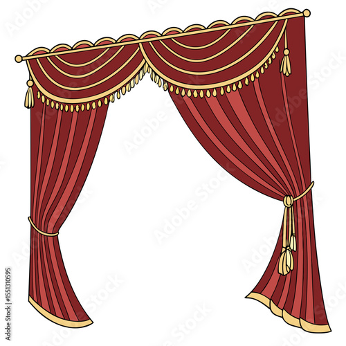 Elegant crimson drapes with golden trim, a theatrical flourish of color and form