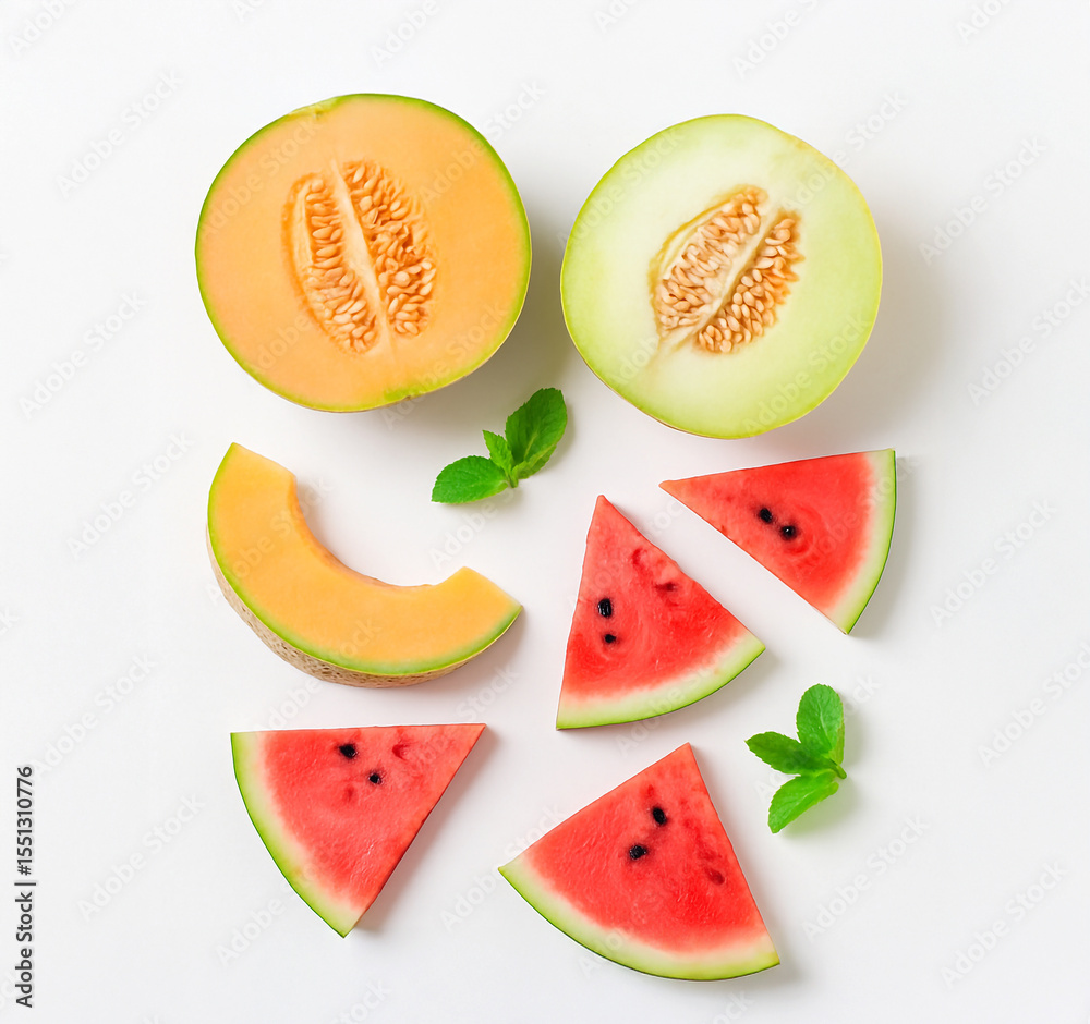 Naklejka premium Top view of fresh melon and watermelon slices with mint leaves on white background. Colorful summer fruit arrangement with cantaloupe, honeydew, and juicy watermelon.