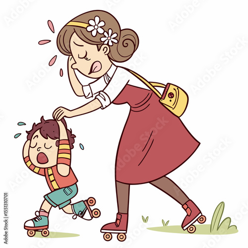 Exhausted mother managing a crying child learning to roller skate outdoors