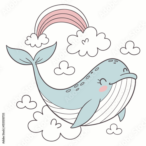 Cartoon whale enjoying a pastel rainbow and fluffy clouds in dreamland illustration