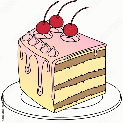 Delicious layered cake piece with cherry topping, culinary cartoon presentation