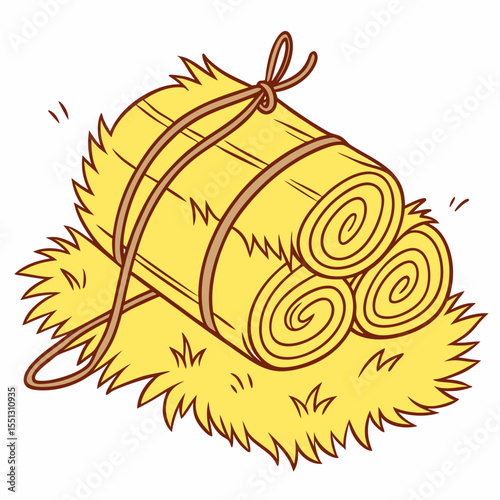 Illustrative depiction of hay bales stacked atop a hay pile bound with twine
