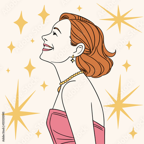 Vintage Glamour: A Woman bathed in starlight with sophisticated retro elegance