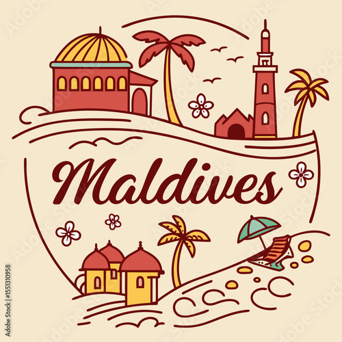 Illustrated Maldives Island Getaway: Tropical Buildings, Beach and Relaxation