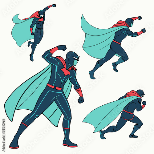 Illustrative superhero character stances in diverse poses and dynamic actions