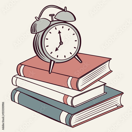 Time management concept in education with books and vintage alarm clock