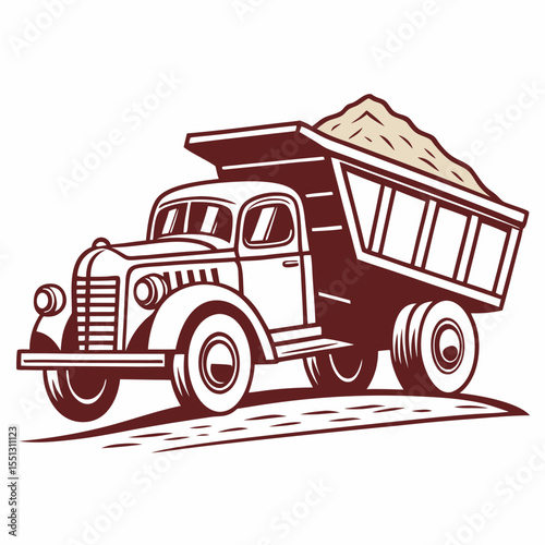 Vintage-Styled Dump Truck Illustration Filled with Aggregate Material Transport
