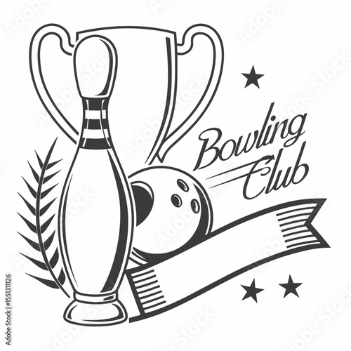 Vintage bowling club emblem with pin, ball, trophy, and decorative elements