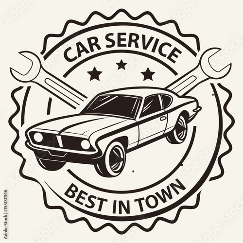 Vintage automotive repair emblem featuring classic car and crossed wrenches