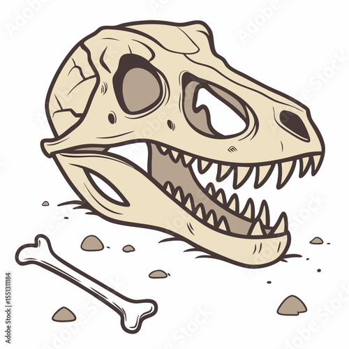 Cartoonish dinosaur skull and bone fragments illustration, archaeological find
