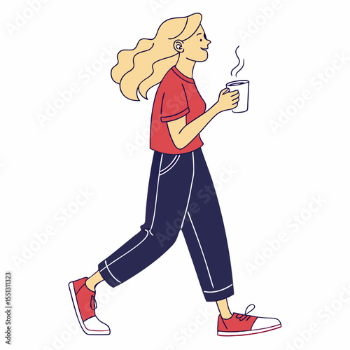Illustration of a woman strolling with coffee, enjoying a peaceful moment outdoors