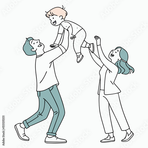 Animated family joyfully bonding while playfully lifting child in the air
