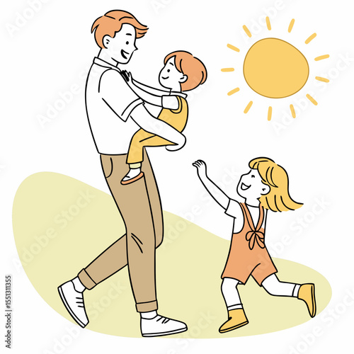 Joyful fatherhood: Dad holding child, daughter reaching in a sunny day scene