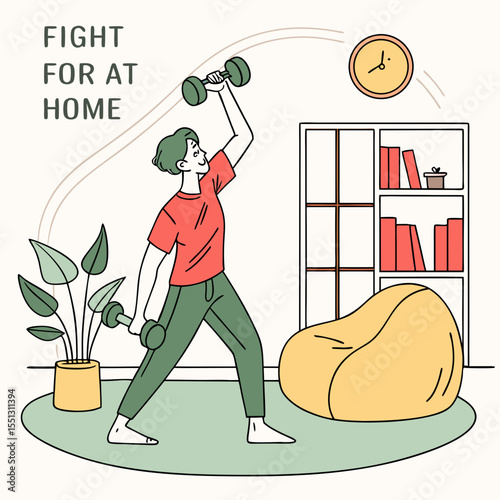 Empowering home workout: Person lifting dumbbells, fitness routine in living space