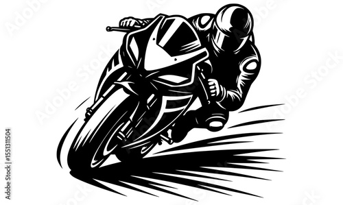 A stylized black and white drawing of a superbike performing an aggressive cornering move on a race track, viewed from a low angle