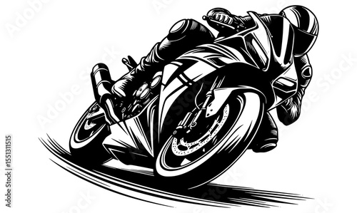 A high-contrast line art of a superbike in mid-turn, rider's knee almost touching the ground, drawn with dynamic curves