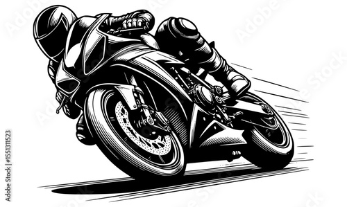 A technical line drawing in black and white of a superbike executing a perfect cornering maneuver with focus on wheel and suspension angles