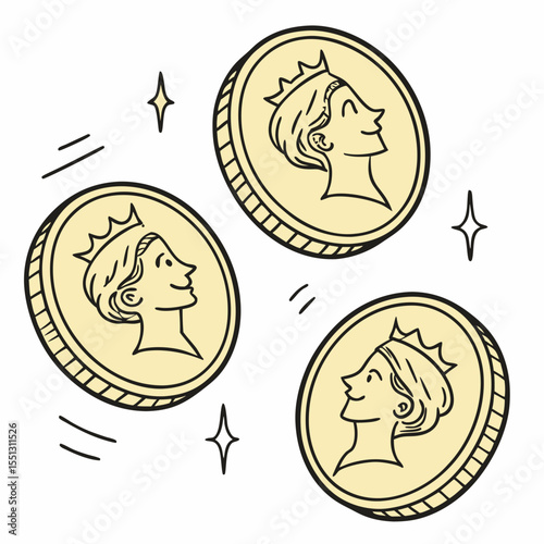 Whimsical depiction of golden coins featuring a smiling monarch portrait
