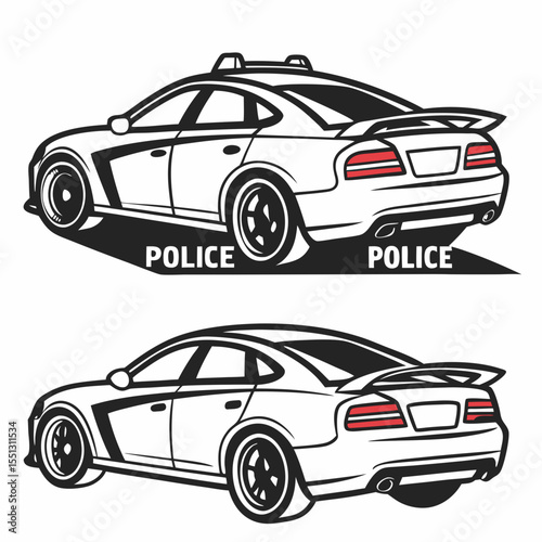 Two variations of stylized police vehicle design with bold outlines and lettering