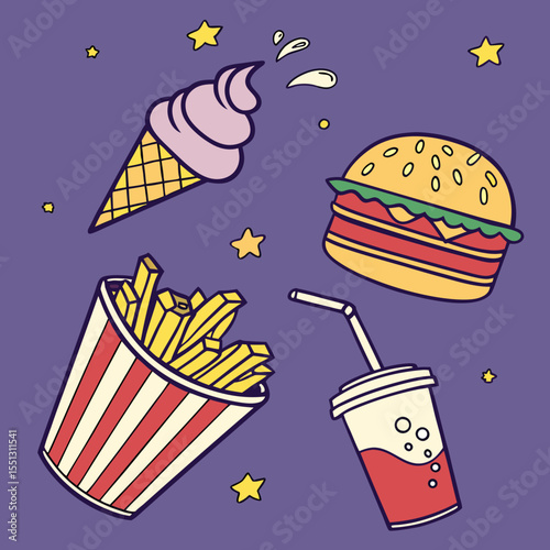 Whimsical Fast Food Feast: An Array of Delicious Treats in a Starry Universe