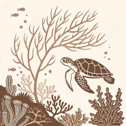 Stylized aquatic scene featuring sea turtle and coral reef elements