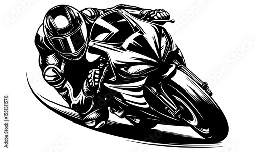 A bold black and white ink-style drawing of a superbike racer leaning hard into a curve, helmet reflecting motion