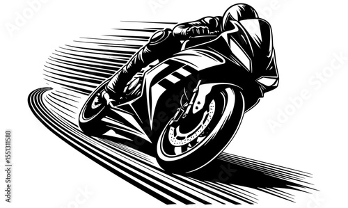 A dramatic black and white side view of a superbike in a deep lean on a mountain curve, with wind lines and speed effects