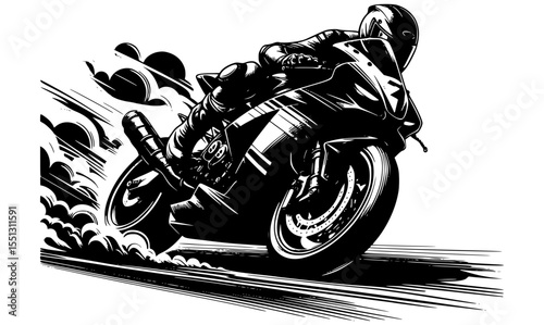 A black and white sketch of a racing superbike cornering hard with tire smoke and aerodynamic bodywork details