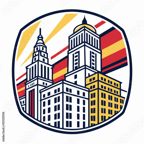 Cityscape Emblem: A stylized rendering of urban architecture with retro color accents