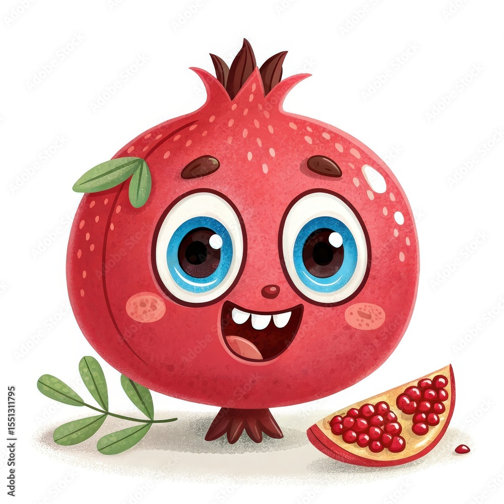 Fototapeta premium Cartoon Pomegranate Character with Big Eyes, Smile and Slice on White Background