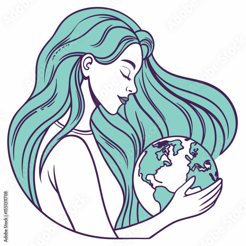 Stylized depiction of woman gently cradling Earth, symbolizing environmental stewardship