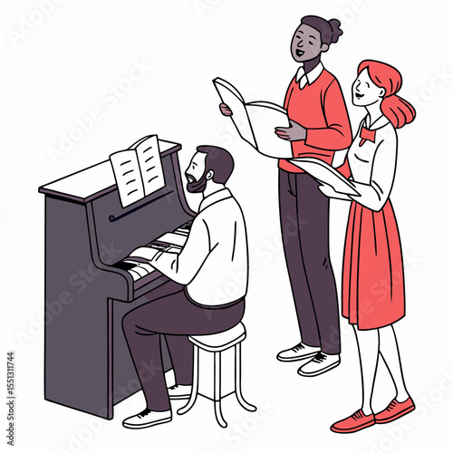 Harmonious musical trio playing the piano