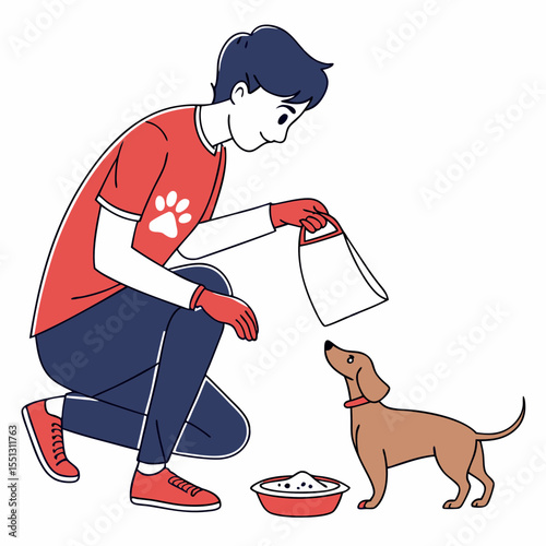 Kind-hearted volunteer feeding a dachshund
