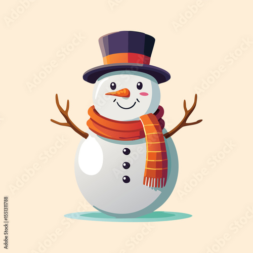 Snowman wearing red hat holding broom in winter holiday scene