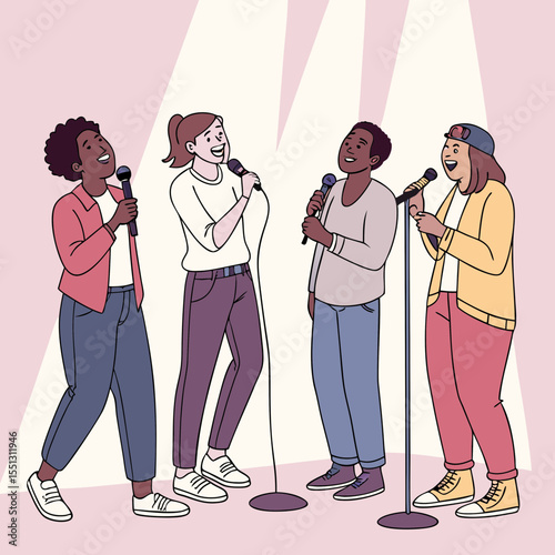 Diverse group of people singing into microphones at a karaoke night