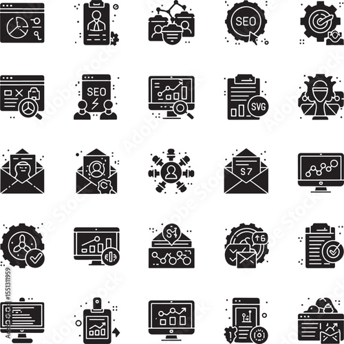 Twenty Four Black Glyph Icons Digital Marketing S E O Analytics Business Strategy Data Analysis Website Optimization Email Marketing
