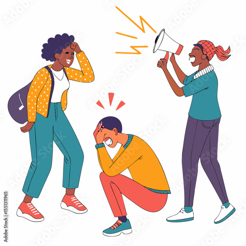 Diverse group reacting to a message, colorful illustration