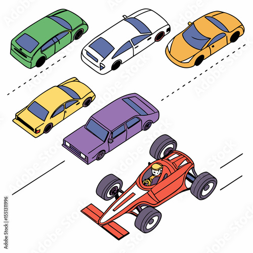 Colorful isometric cars on a racing track