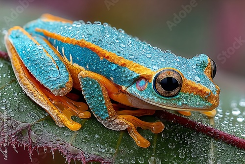 vibrant rainforest frog closeup, colorful amphibian resting on a leaf, tropical macro wildlife portrait