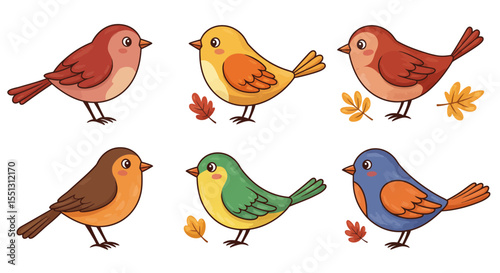 A cute and colorful set of funny cartoon birds, including owls, sparrows, and ducks, illustrating the beauty of nature and animal love