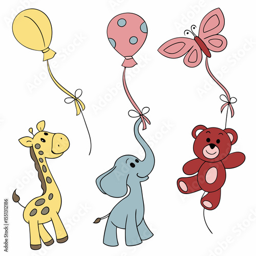 Adorable animals and balloons floating in the air