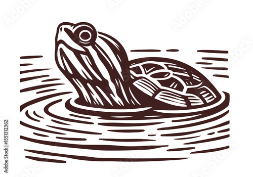 Yellow-Bellied Slider Hand Drawn Natural Illustration Stylized as Linocut Vector Isolated by AZ for Books, Arts, Design and Decoration Graphic Asset