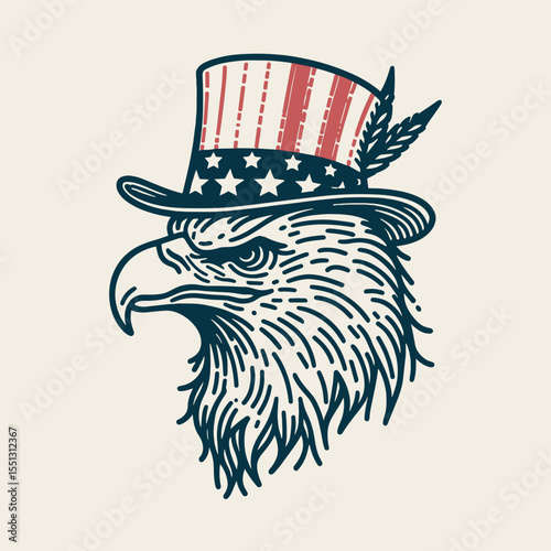 Bald Eagle with american flag overlay top hat Wind resistance pose. Independence Day 4th of July Patriotism Usa America Clipart Line Art Vector Illustration. .