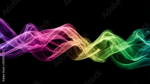 Vibrant smoke swirls in rainbow colors rising against a deep black background, creating dynamic, abstract patterns with glowing curves and smooth gradients for captivating visual impact.