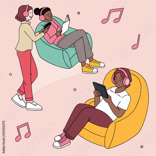 Relaxed friends enjoying their free time with digital devices and music